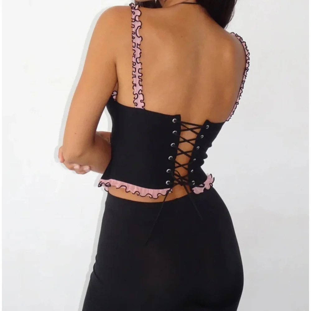 Motel rocks Idalia Corset Top Mesh Black with Pink Ruffles sz small S - Picture 2 of 8